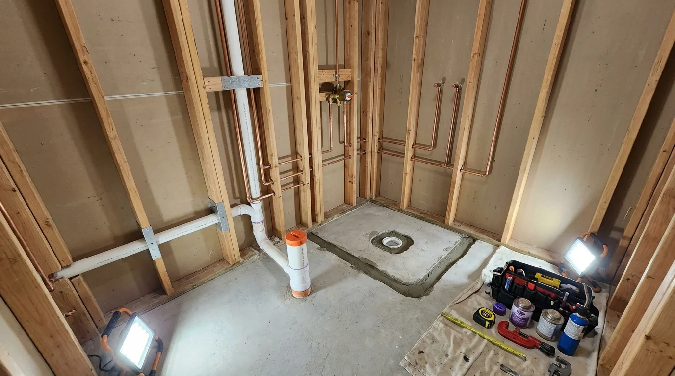 Bathroom rough-in plumbing during remodel by Johns Plumbing LLC in Clemson