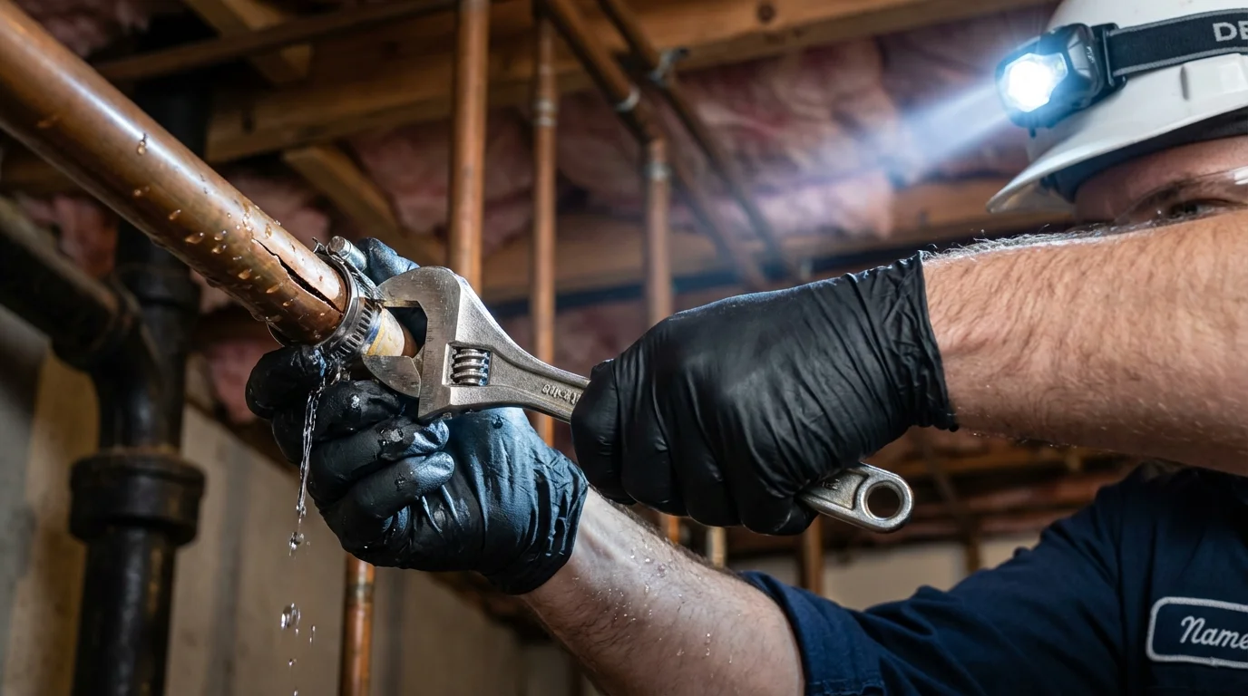 Emergency pipe clamp repair being performed by a Johns Plumbing LLC plumber in Clemson