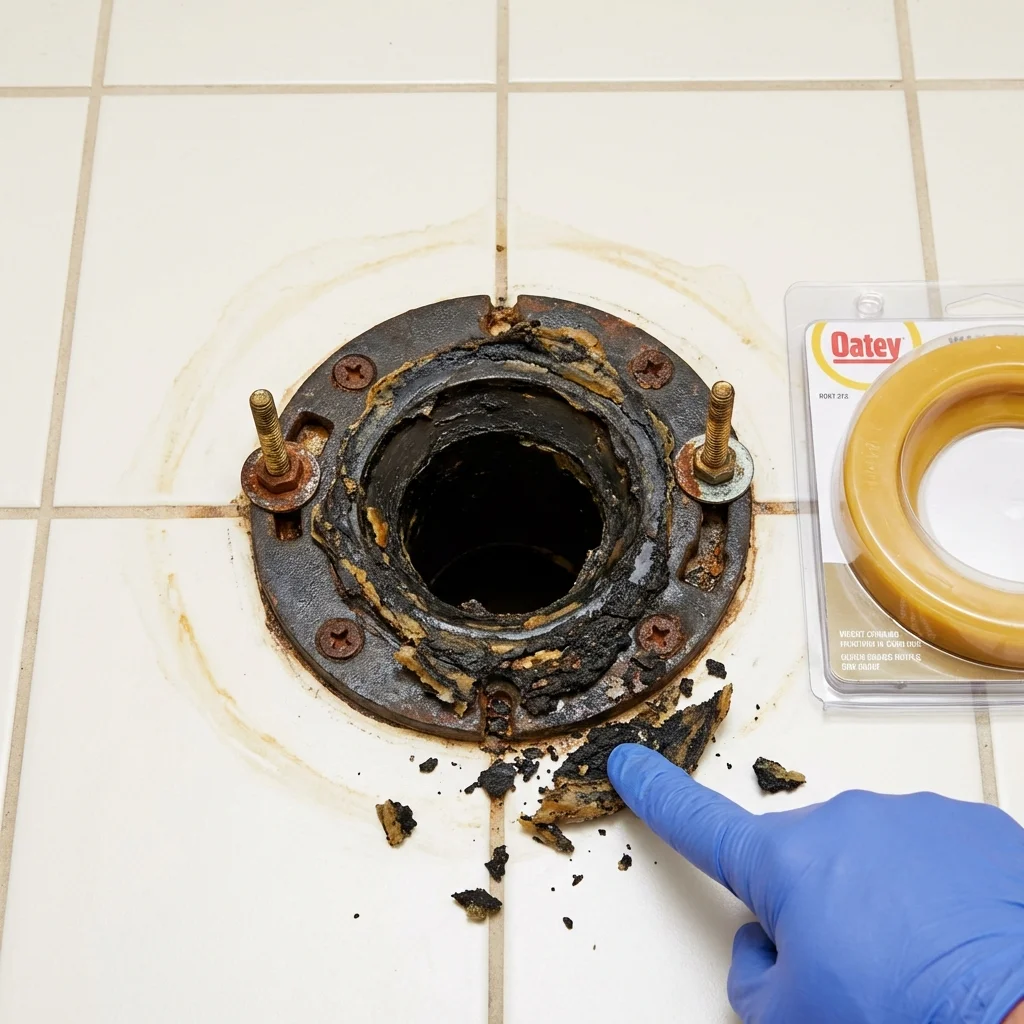 Failed wax ring showing water seepage at the base of a toilet in a Clemson, SC home
